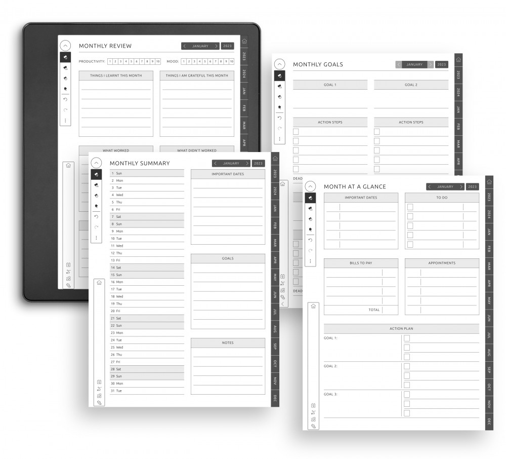 Variations of Monthly Pages for Kindle Scribe