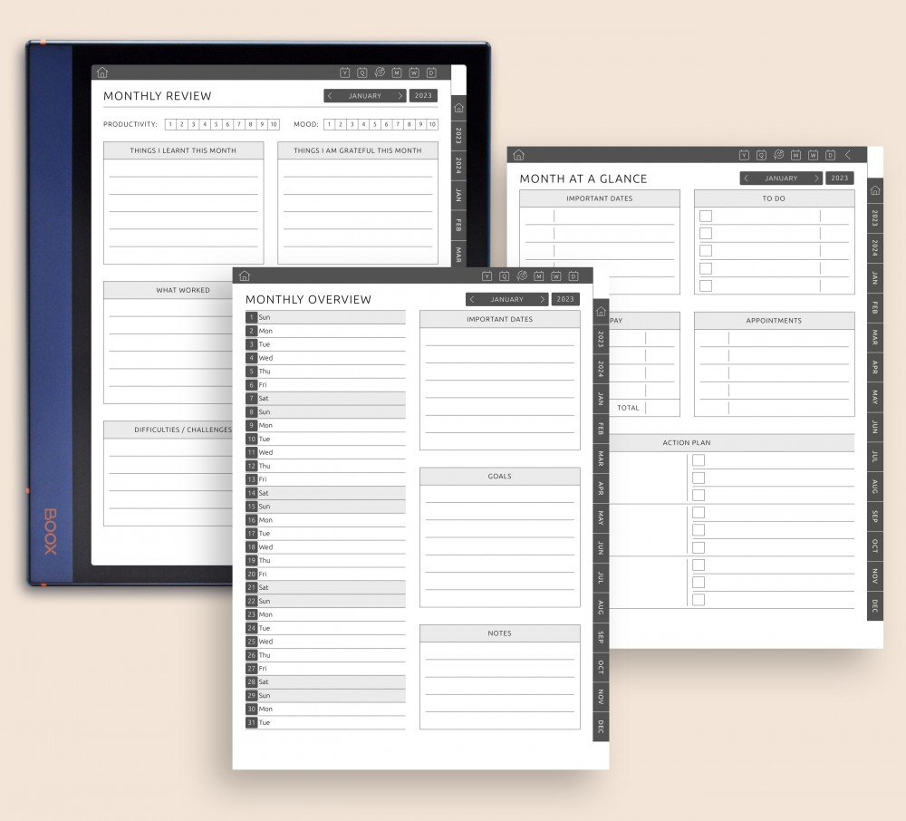 Variations of Monthly Pages Template for Boox Note