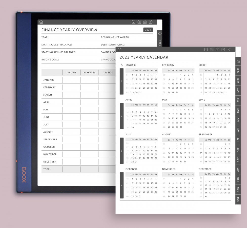 Yearly Calendars (Vertical & Horizontal) Template for Boox Note
