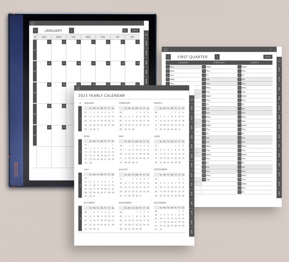 Yearly, Quarterly, Monthly Calendars Template for Boox Note