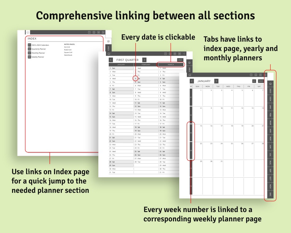 Index, Quarterly, Monthly Calendars Template for GoodNotes