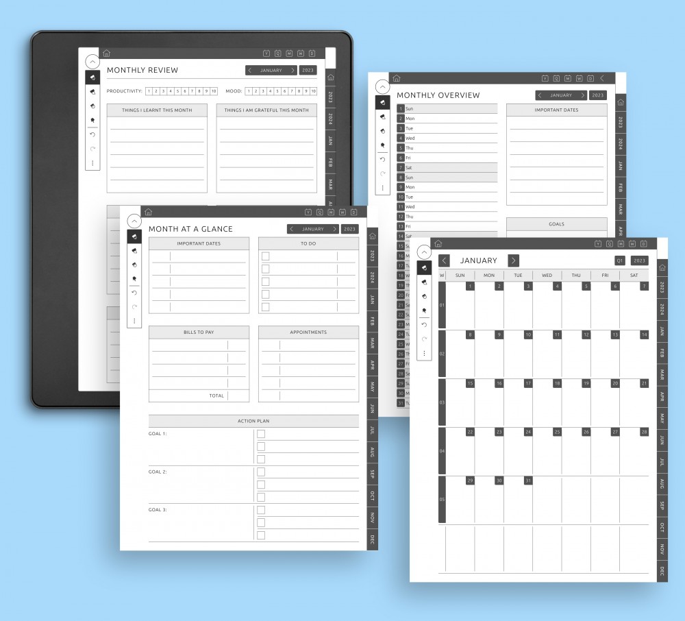 Four Variations of Monthly Planner for Kindle Scribe