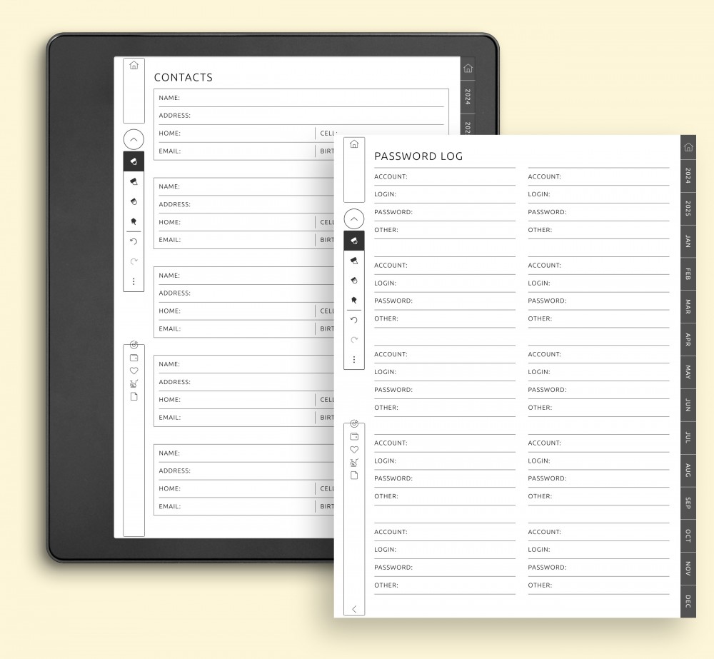 Securely Organize Critical Details: Password Log & Contacts Templates for Kindle Scribe