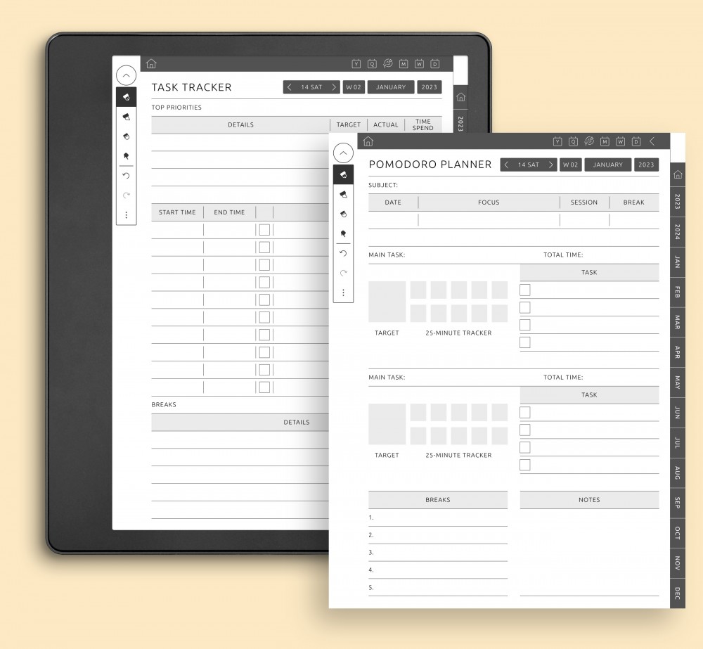 Pomodoro Planner Daily Layouts for Kindle Scribe