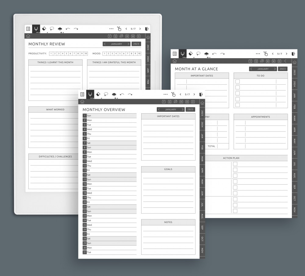 Variations of Monthly Pages Template for Supernote