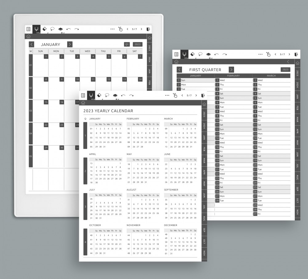 Yearly, Quarterly, Monthly Calendars Template for Supernote