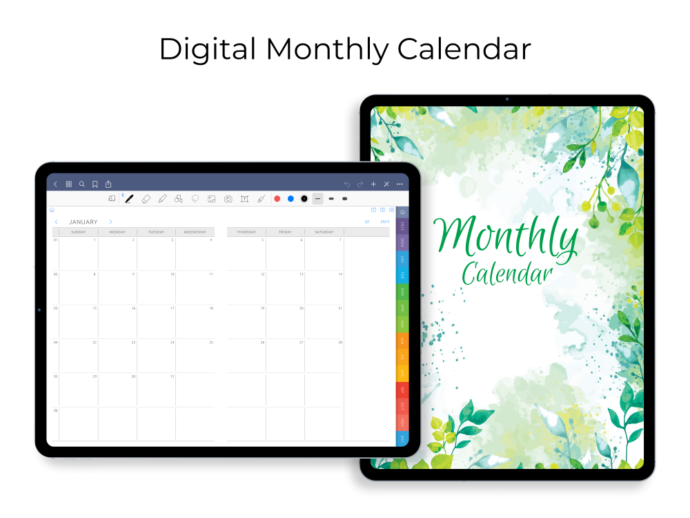 Digital Monthly Calendar for GoodNotes, Notability, Noteshelf