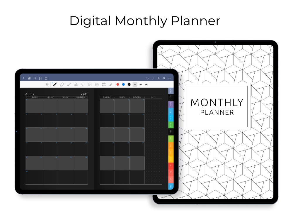 Digital Monthly Planner [Dark] for GoodNotes, Notability, Noteshelf