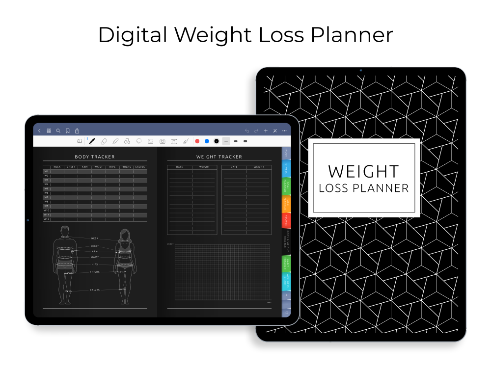 Digital Weight Loss Planner [Dark] for GoodNotes, Notability, Noteshelf