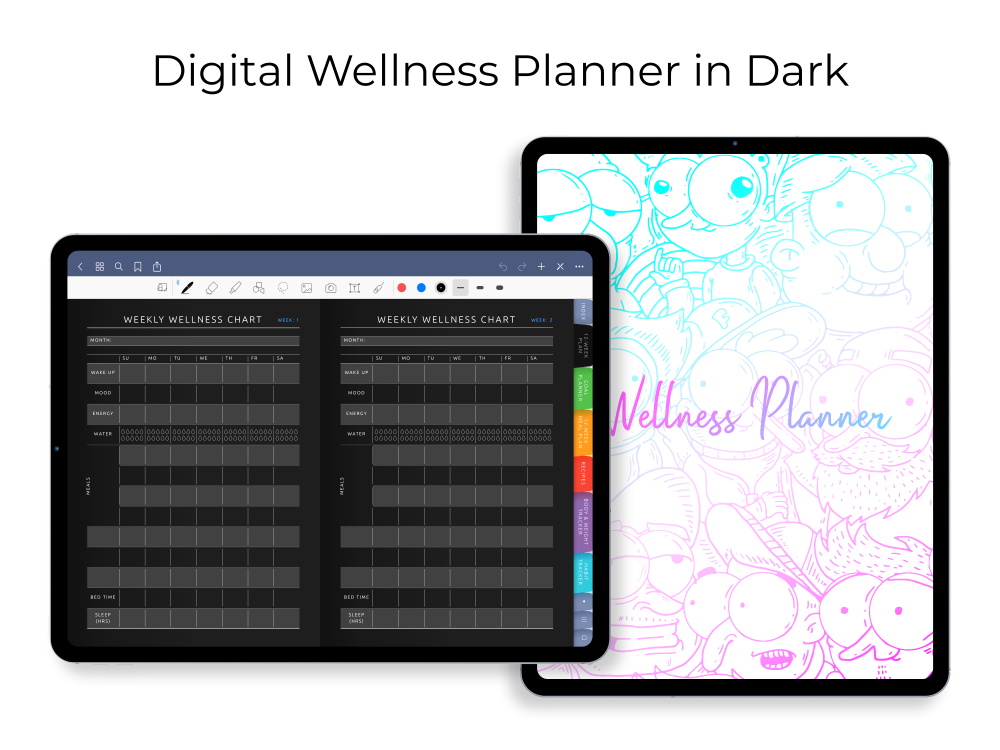 Digital Wellness Planner [Dark] for GoodNotes, Notability, Noteshelf