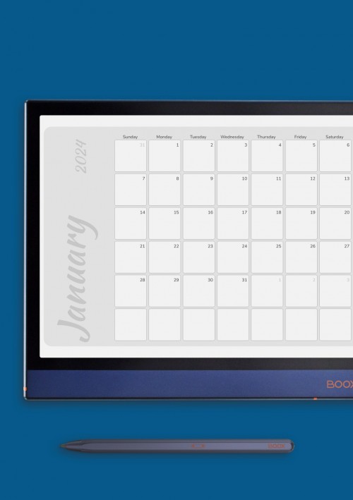 Horizontal Monochrome Monthly Calendar for Onyx BOOX