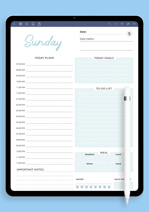 Daily Hourly Schedule and To Do List Template for iPad & Android