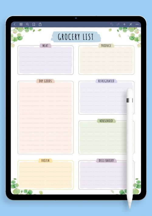 Grocery List - Floral Style Template for Notability
