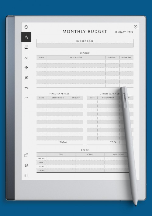 reMarkable Minimal Monthly Budget Tracker