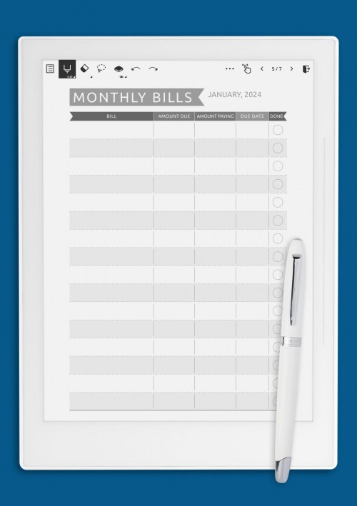 Supernote Monthly Bills - Casual Style Template