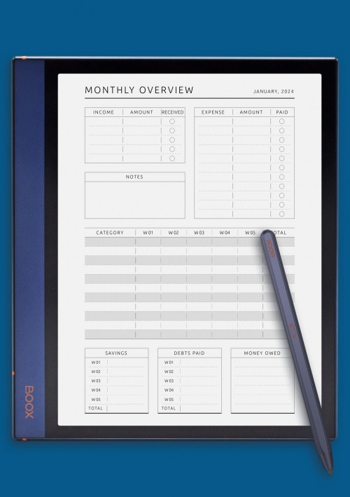 Monthly Budget Overview Template for BOOX Note