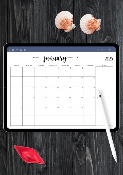 Horizontal Monthly Calendar with Notes for GoodNotes