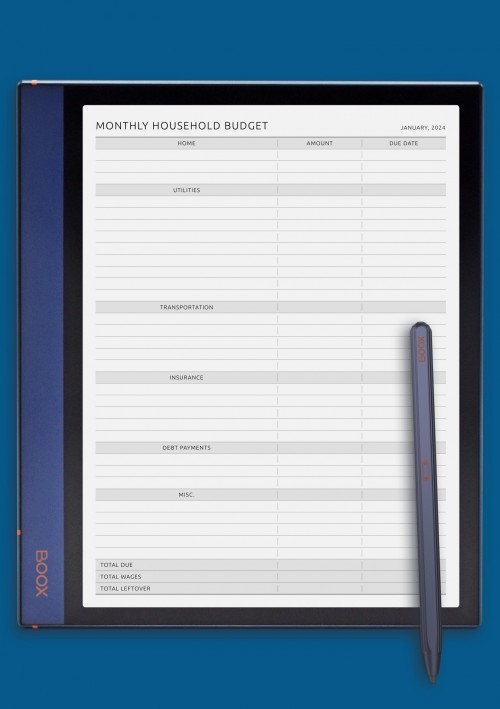 BOOX Tab Monthly Household Budget Original Template