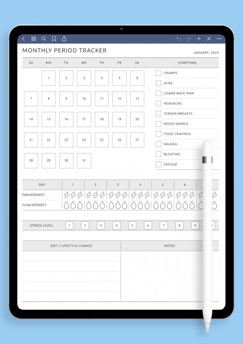 Monthly Period Tracker Template for GoodNotes