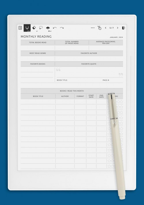 Monthly Reading Template for Supernote A6X