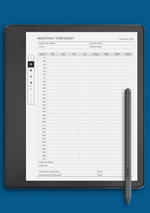 Monthly Timesheet Template for Kindle Scribe