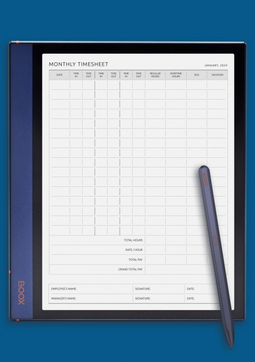 Monthly Timesheet With Two Breaks Template for BOOX Note Air