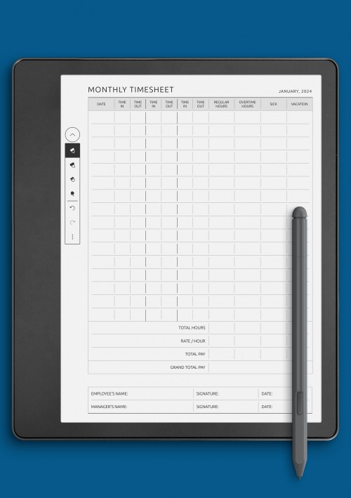 Monthly Timesheet With Two Breaks Template for Kindle Scribe