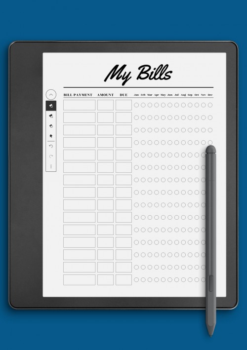 My Bills budget planner template for Kindle Scribe