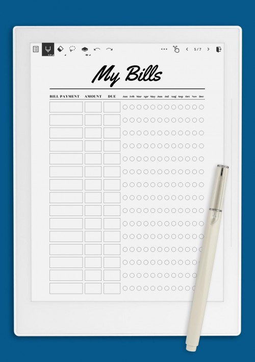 Supernote My Bills budget planner template