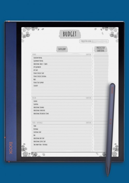 Party Budget Template - Floral Style for BOOX Note