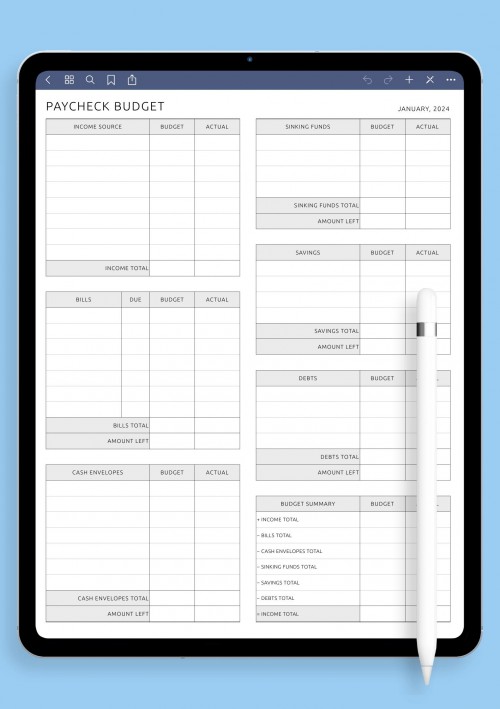 Paycheck Budget with Cash Envelopes template for GoodNotes