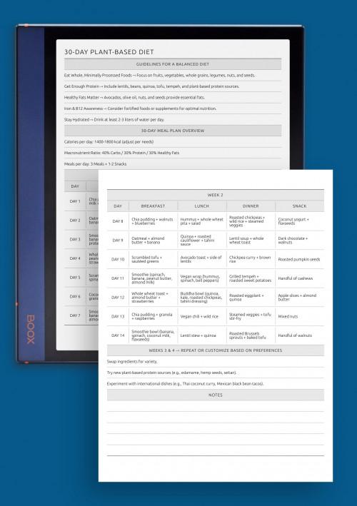 Printable 30-Day Plant-Based Diet Plan template for BOOX Note