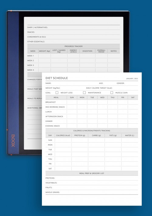 Printable Diet Planner with Meal Schedule, Calories &amp; Macros template for BOOX Note