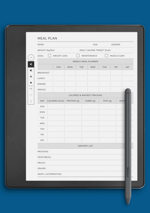 Printable Eating Plan with Macronutrients &amp; Weekly Meals template for Kindle Scribe