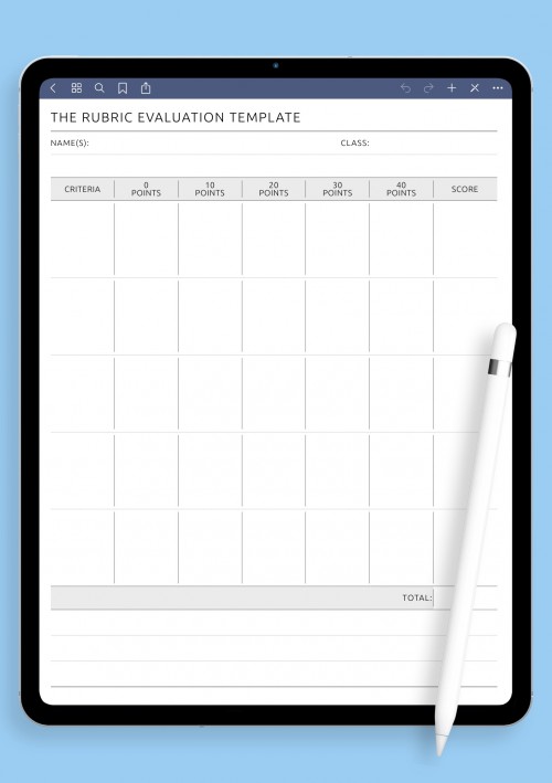 The Rubric Evaluation Template with Notes for GoodNotes