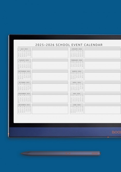 Horizontal School Event Calendar Template for Onyx BOOX