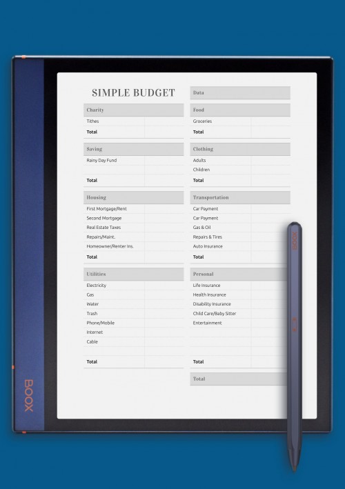 Simple Household Budget template for BOOX Note