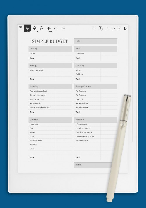 Simple Household Budget Template for Supernote