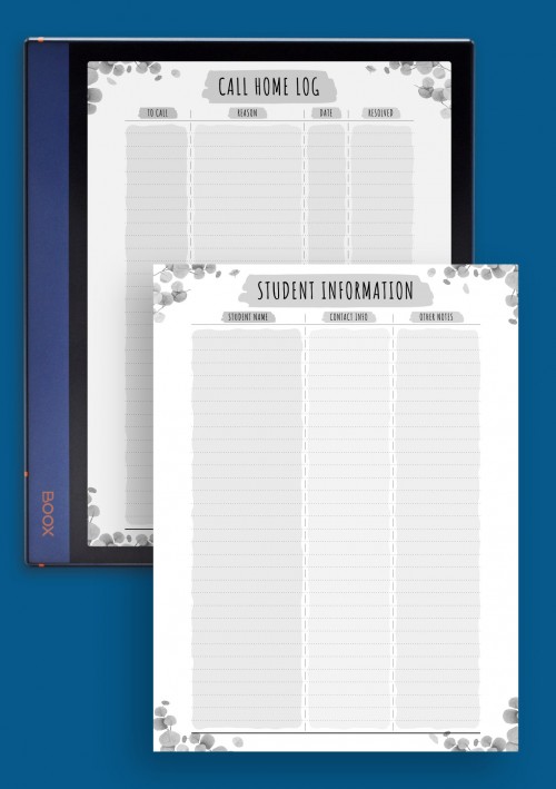 Student Info &amp; Call Home - Floral Style Template for BOOX Note