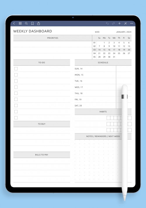 Weekly Dashboard Customizable Template for iPad