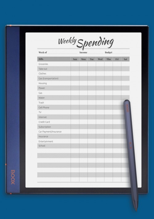 Weekly Spending template for BOOX Note